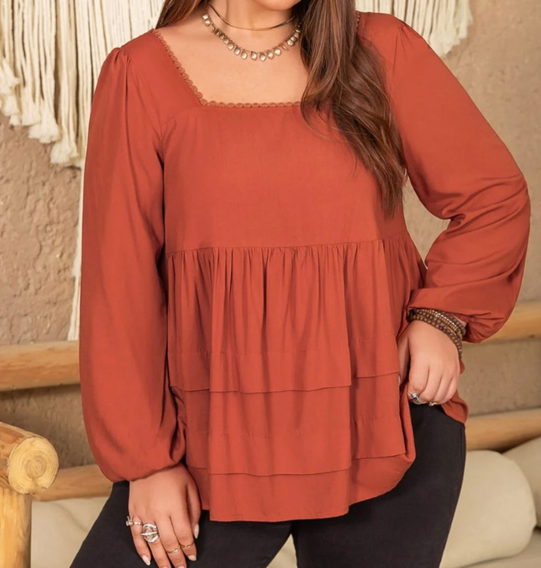 Plus Size Lace Detail Square Neck Long Sleeve Blouse