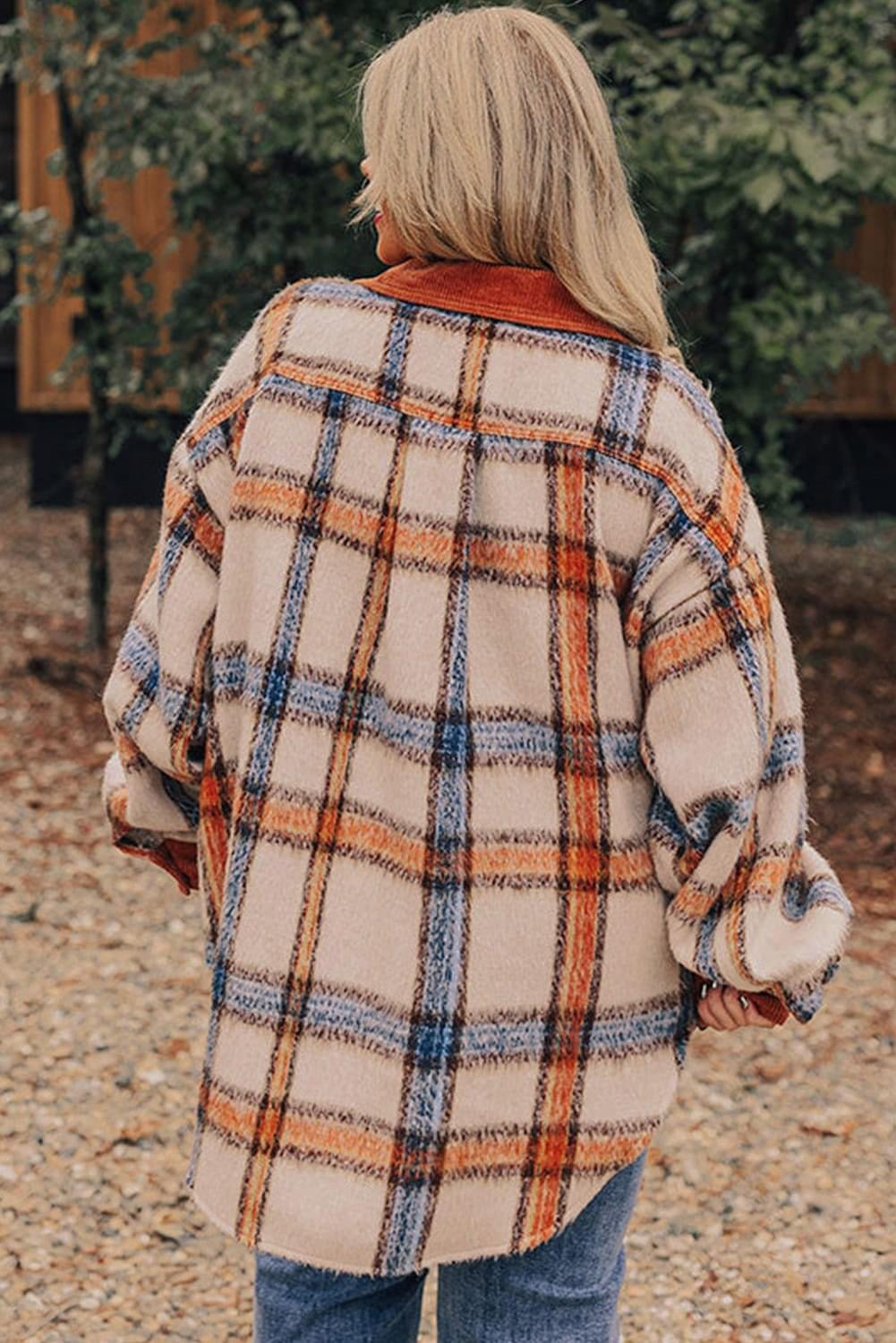 Brown Stripe Plus Size Plaid Buttoned Jacket