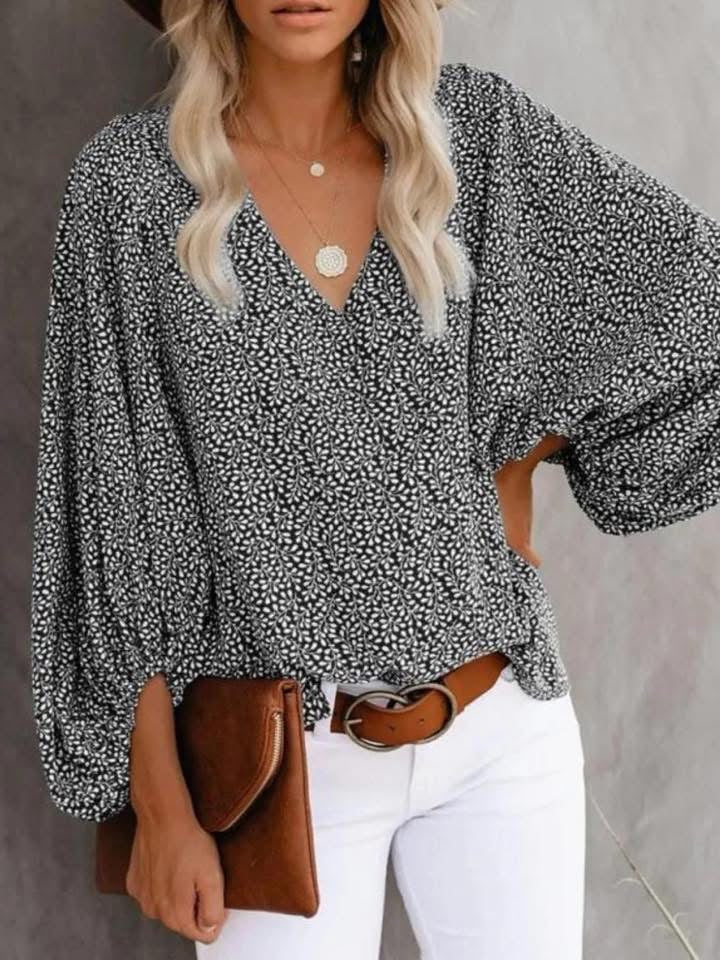 Printed Vneck Long Sleeve Blouse