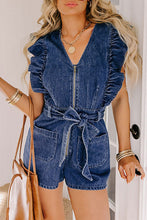 Load image into Gallery viewer, Denim Ruffled Zipped Romper
