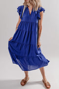 Bluing Ruffled Collared V Neck Tiered Midi Dress