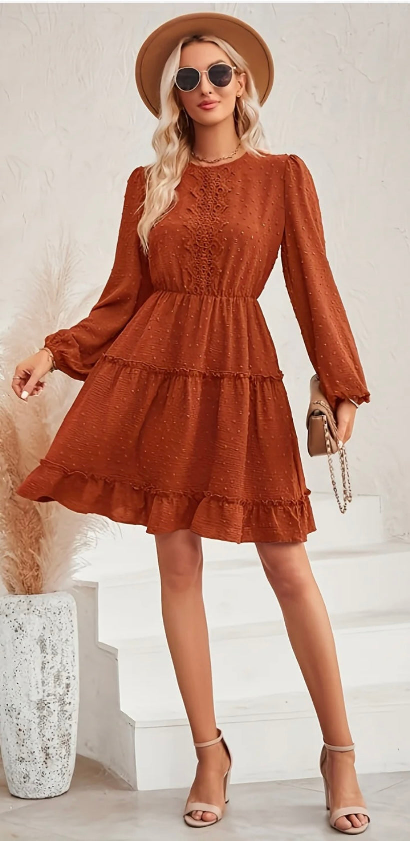 Lace Detail Swiss Dot Round Neck Mini Dress
