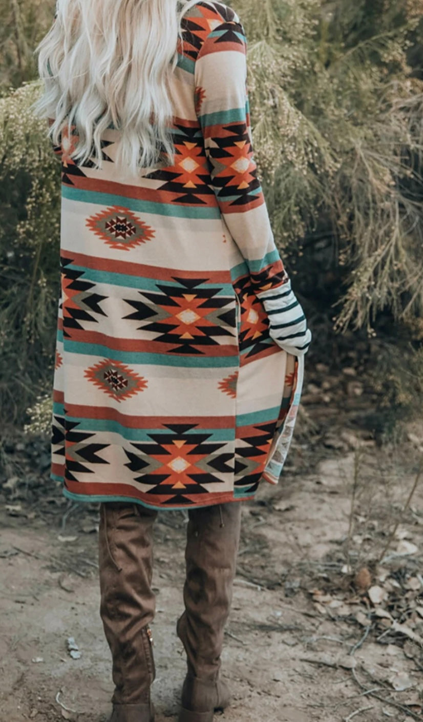 Geometric Open Front Long Sleeve Cardigan