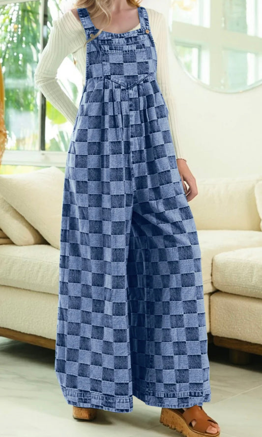 Double Take Checkered Sleeveless Wide Leg Denim Jumpsuit