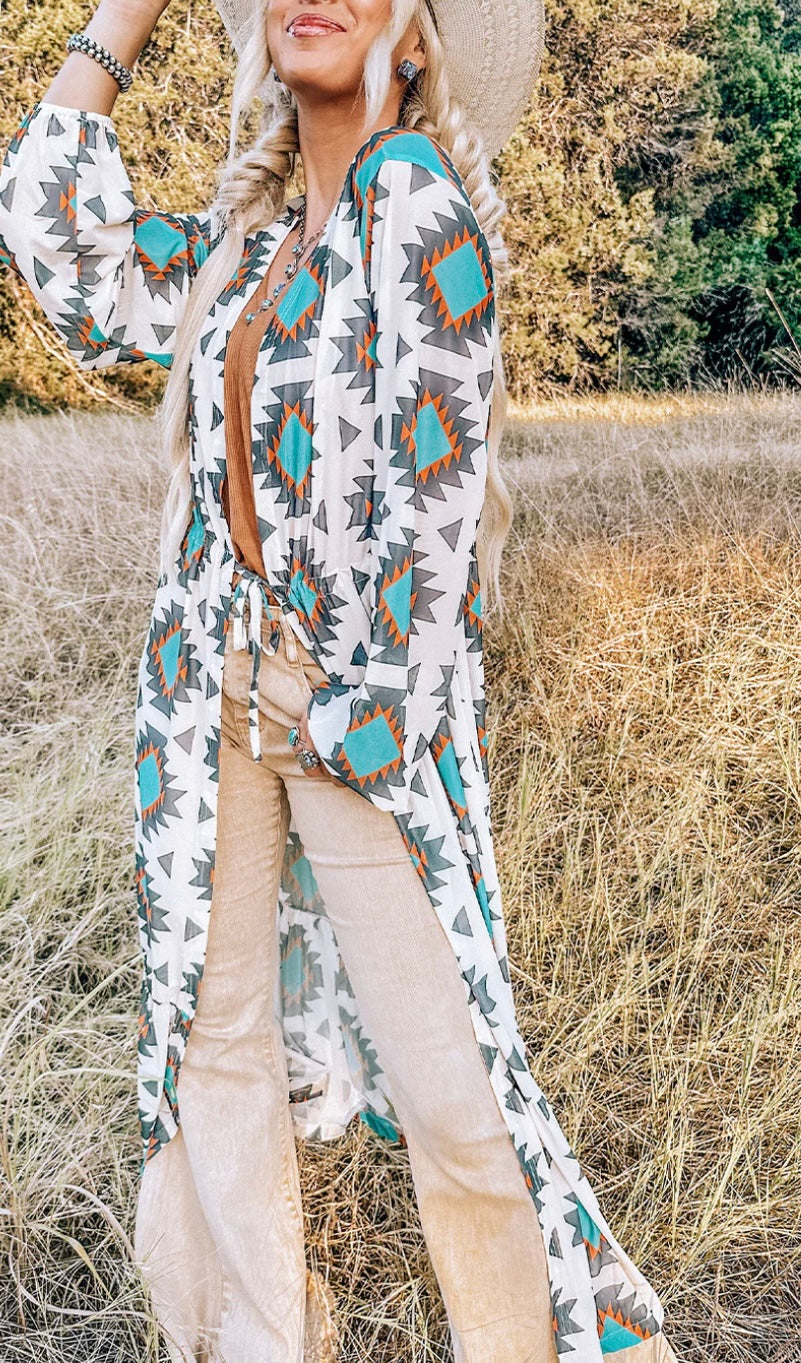 Western Aztec Print Duster Open Front Cardigan