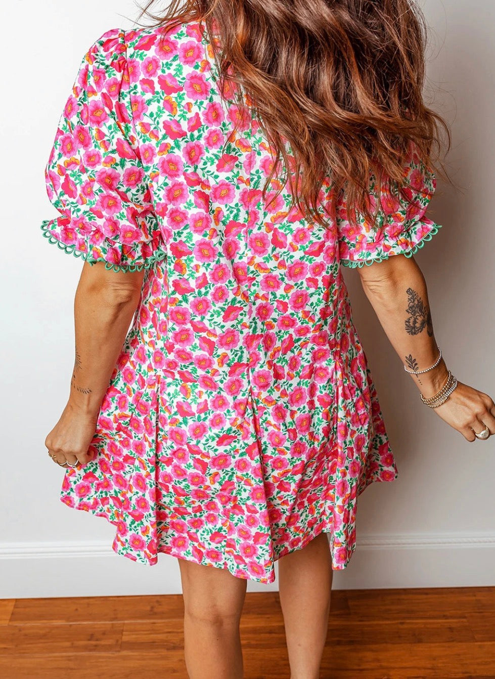 Patchwork Short Bubble Sleeve Mini Dress