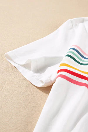 RAINBOW STRIPED WHITE T-SHIRT **SHIPPING EXPECTED TO BEGIN ON DATE 3/12**