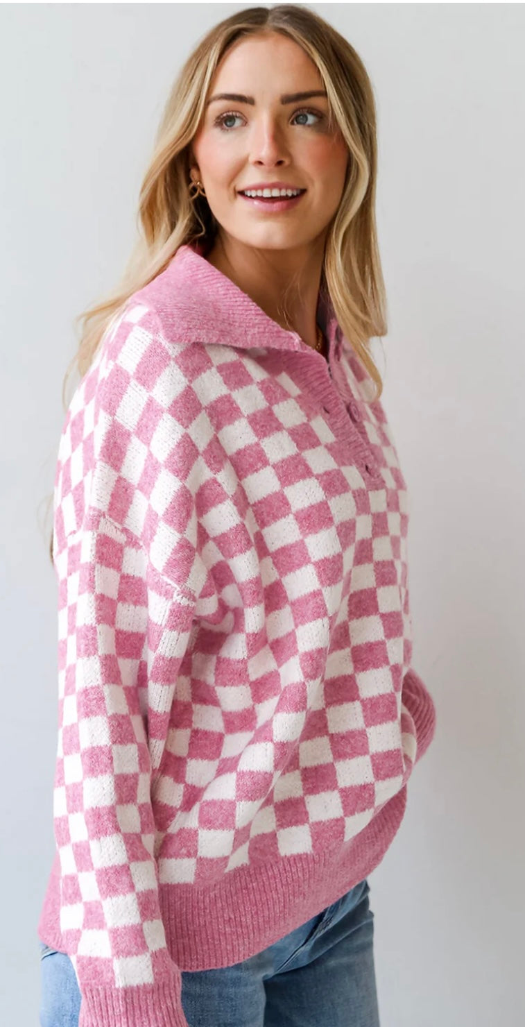 Checkered Buttons Collar Sweater