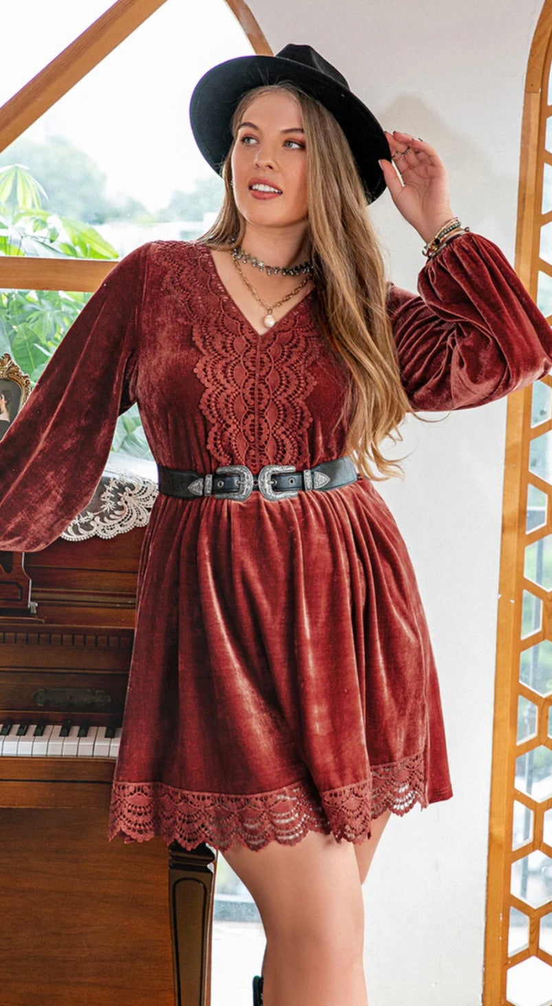 Plus Size Detail Vneck Long Sleeve Mini Dress
