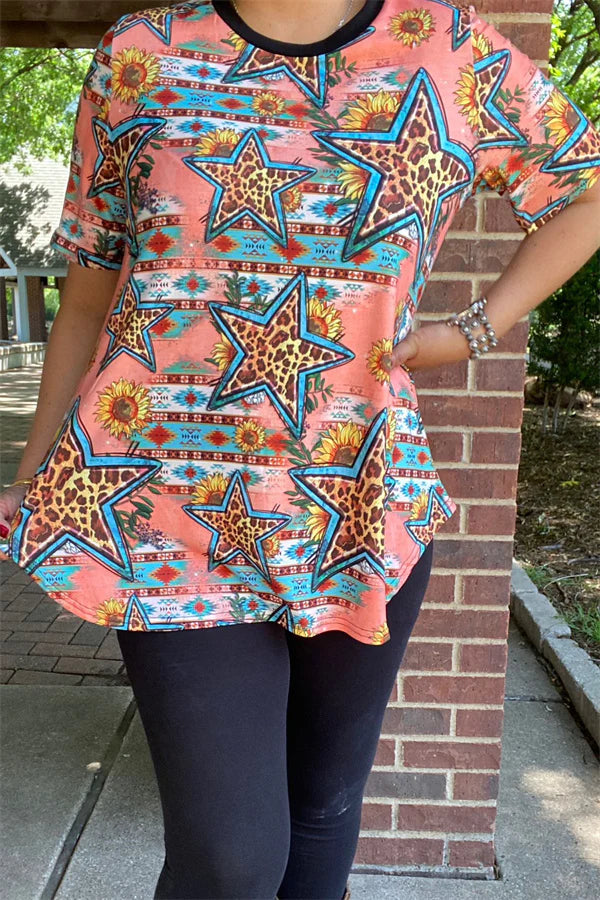 Orange star leopard Aztec top