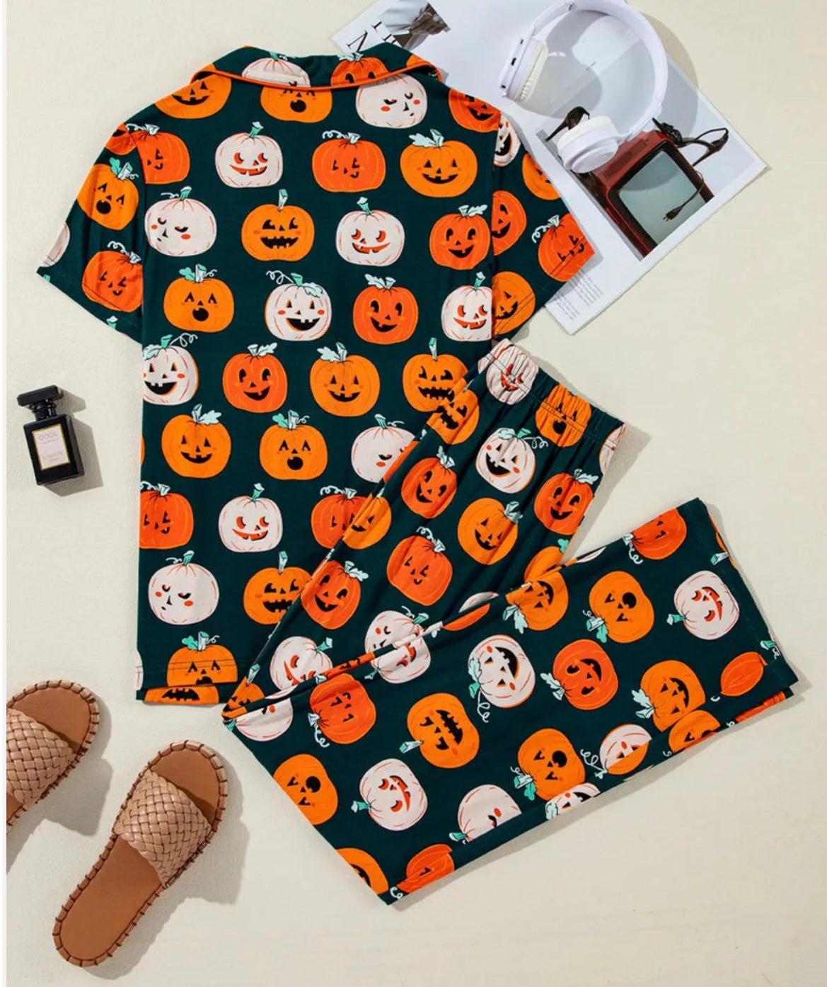 Pumpkin Printed Short Sleeve Lounge Set