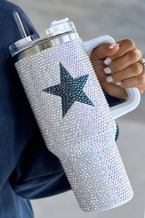 RHINESTONE WHITE WITH NAVY STAR 40 OZ TUMBLER **SHIPPING EXPECTED TO BEGIN ON DATE 10/25**