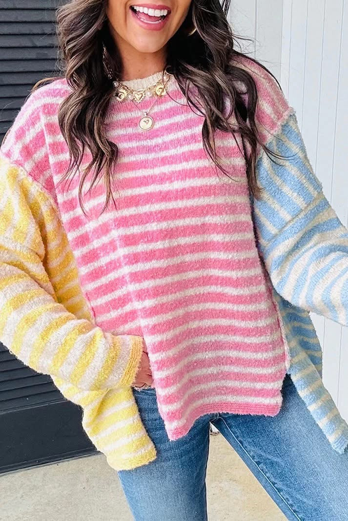 Color Block Striped Patchwork Dolman Sleeve Slit Sweater
