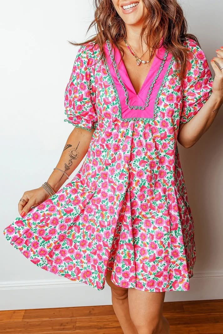 Patchwork Short Bubble Sleeve Mini Dress