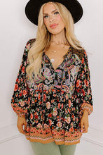 Load image into Gallery viewer, Black Plus Size Paisley v neck bubble sleeve Blouse
