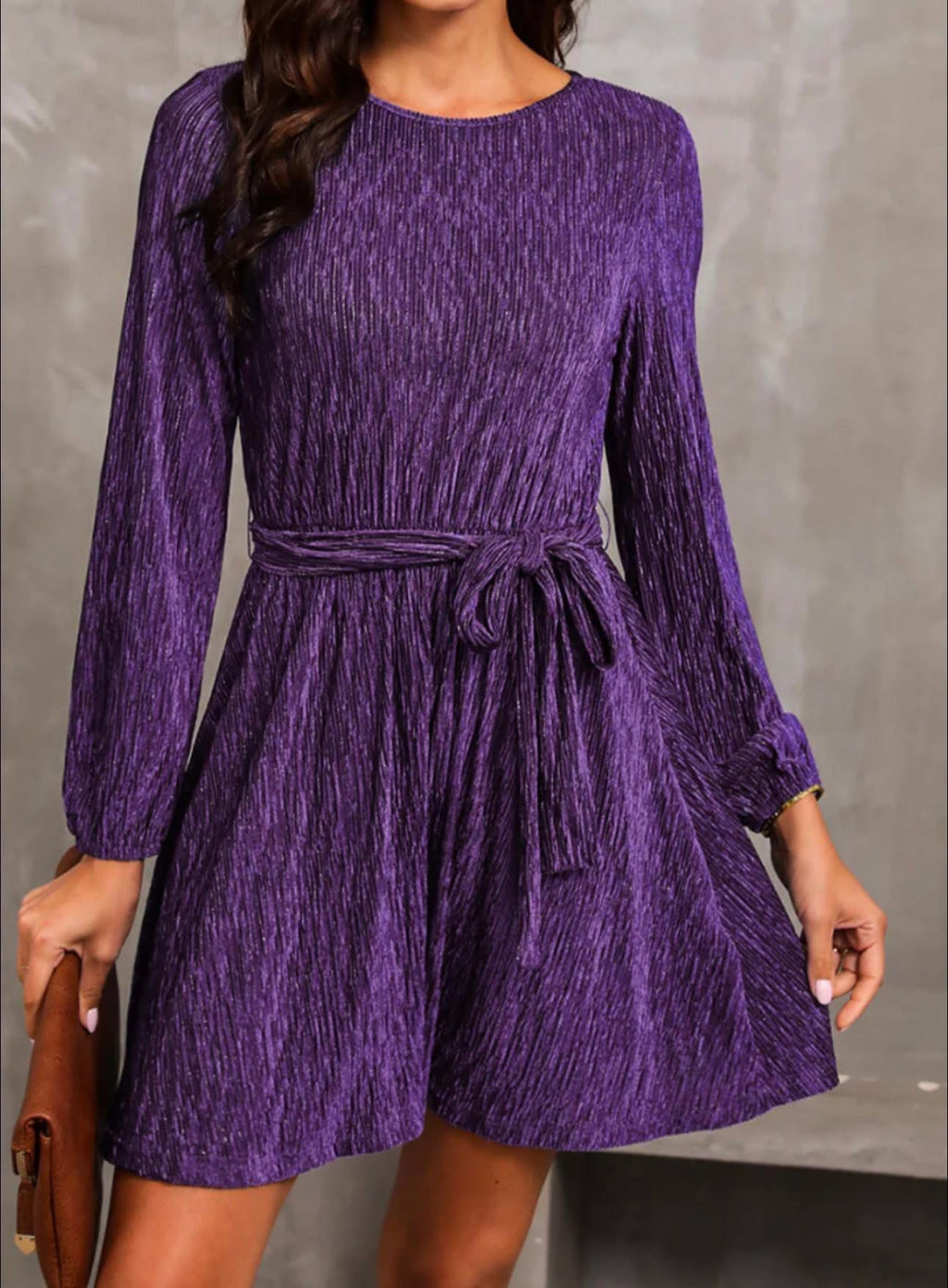 Round Neck Tie Front Long Sleeve Dress
