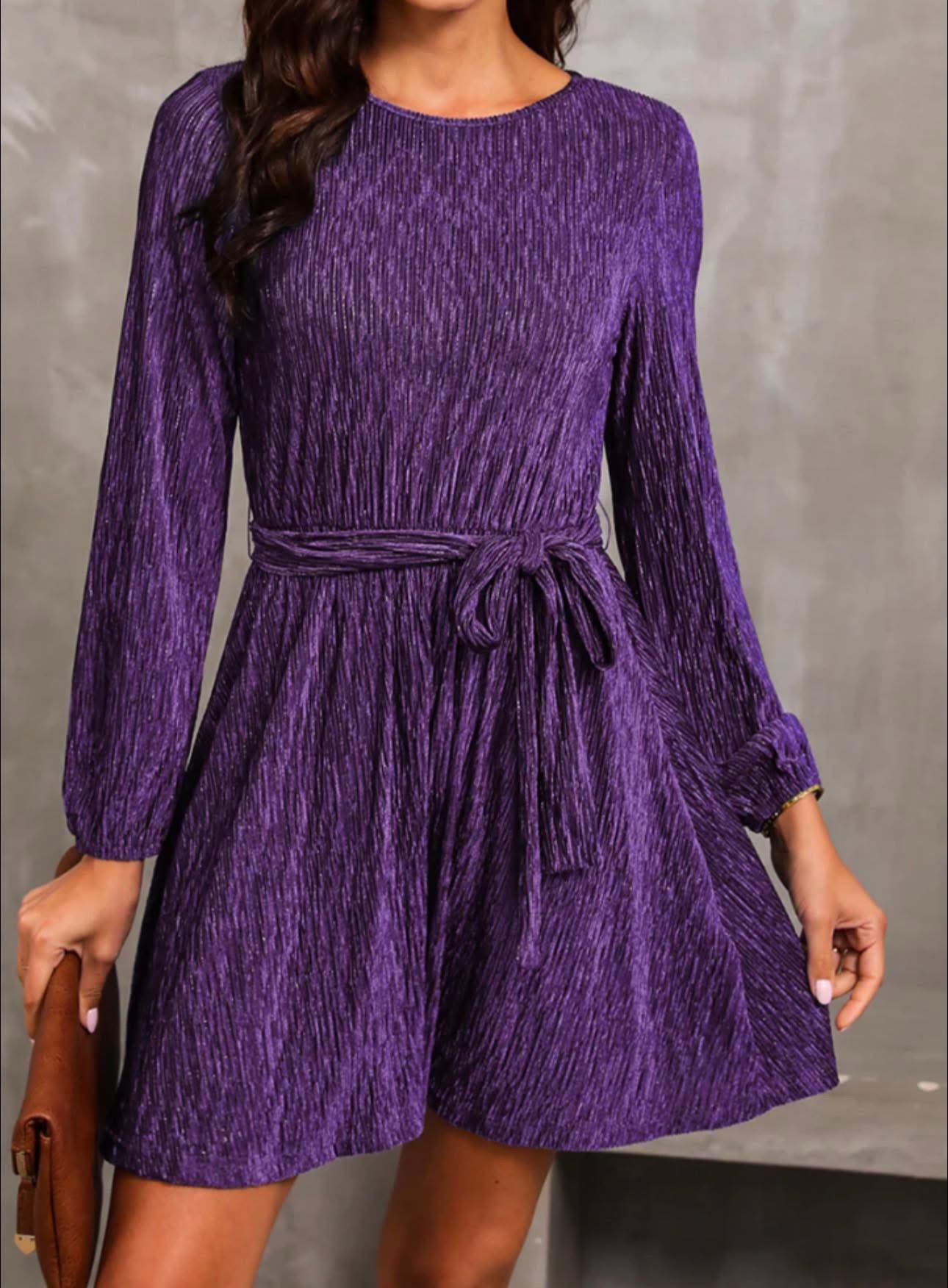 Round Neck Tie Front Long Sleeve Dress