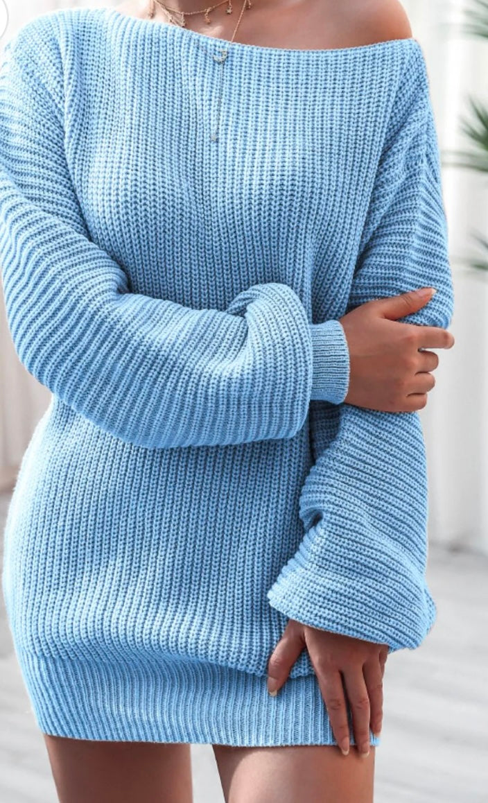 Boat Neck Long Sleeve Mini Sweater Dress