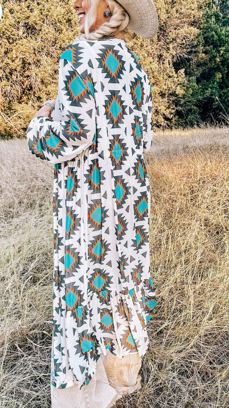 Western Aztec Print Duster Open Front Cardigan