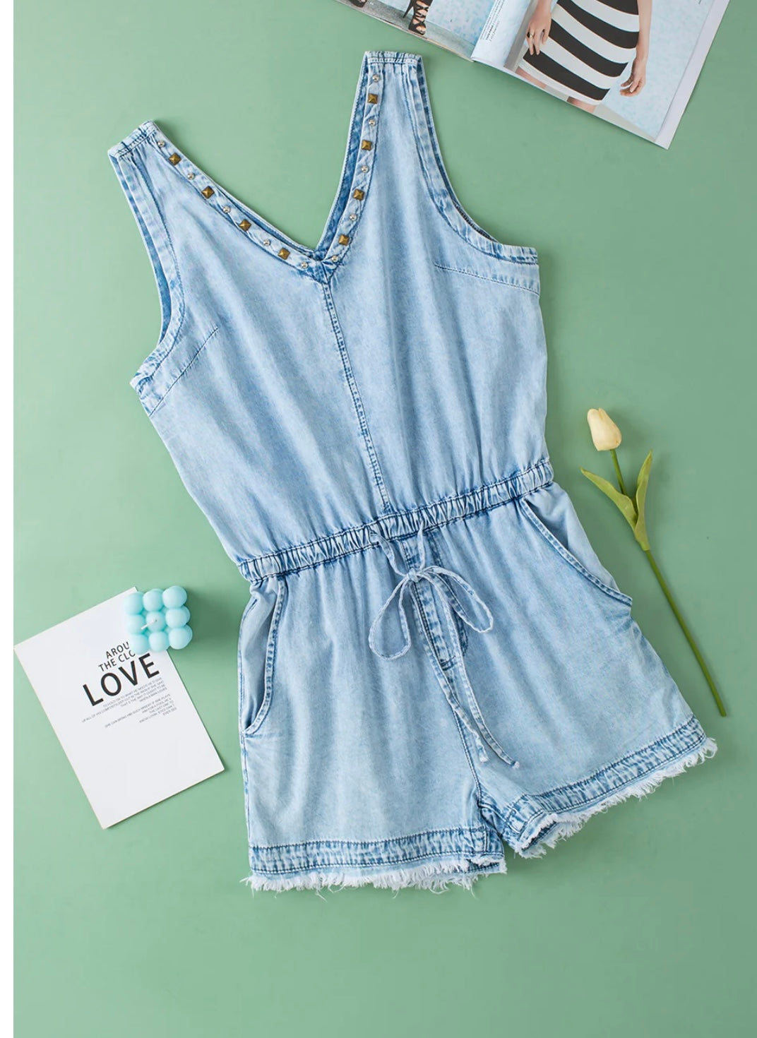 V Neck Raw Hem Denim Romper