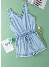 Load image into Gallery viewer, V Neck Raw Hem Denim Romper
