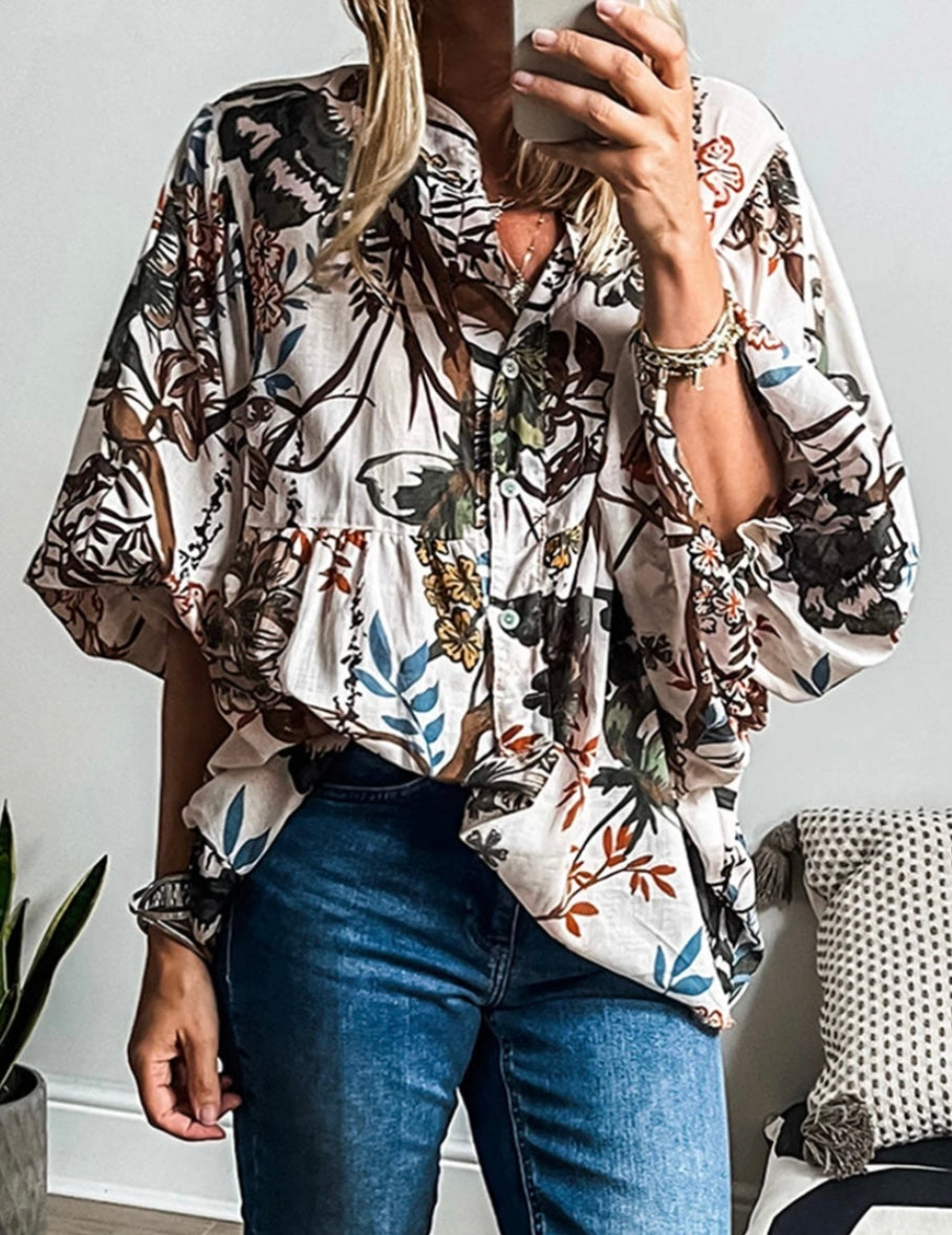 Boho Print Lantern Sleeve V Neck Blouse