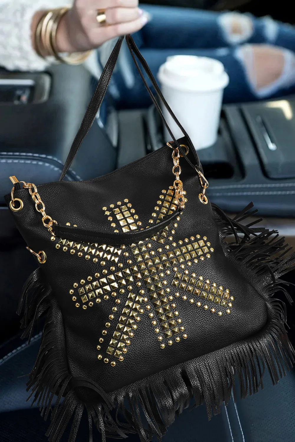Black Rivet Fringe Shoulder Bag
