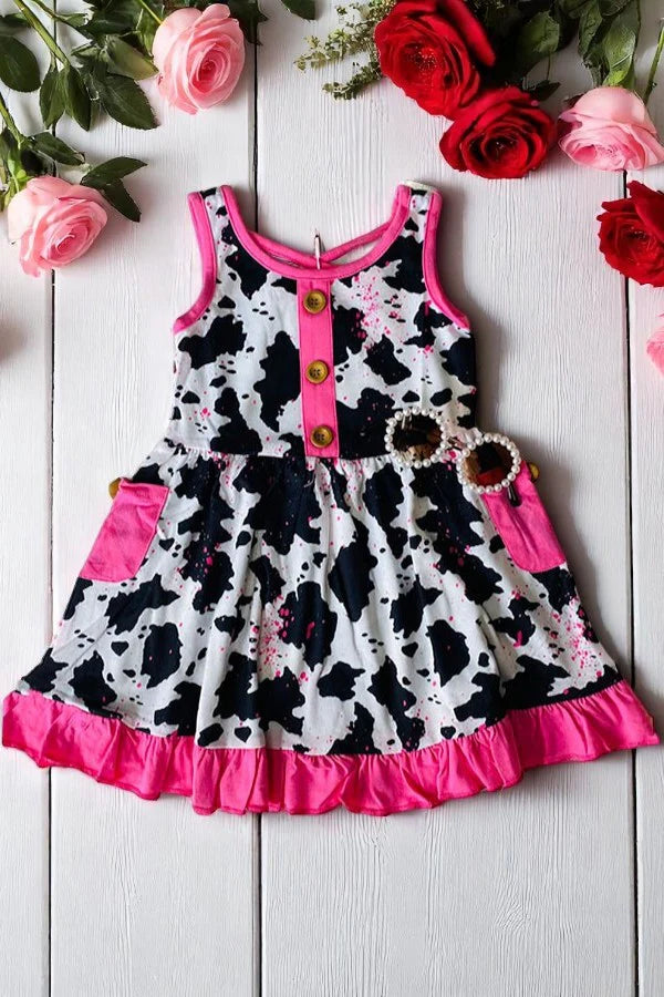 Pink Cow Print Girls Dress w/pockets
