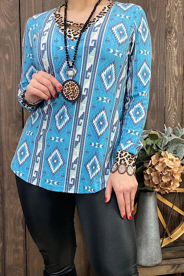 Blue Aztec Cheetah Neck Longsleeve