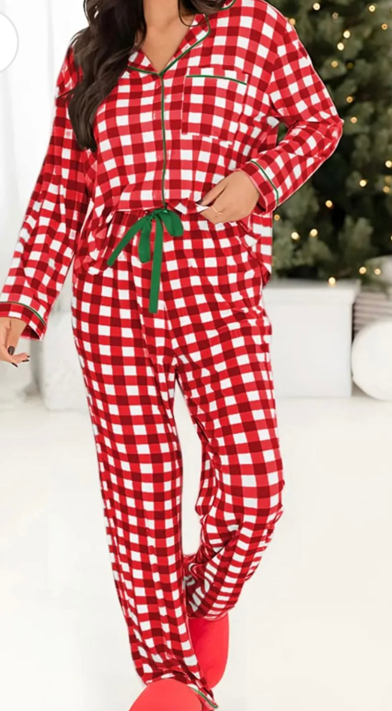 Contrast Piping Plaid Top and Pants Lounge Set