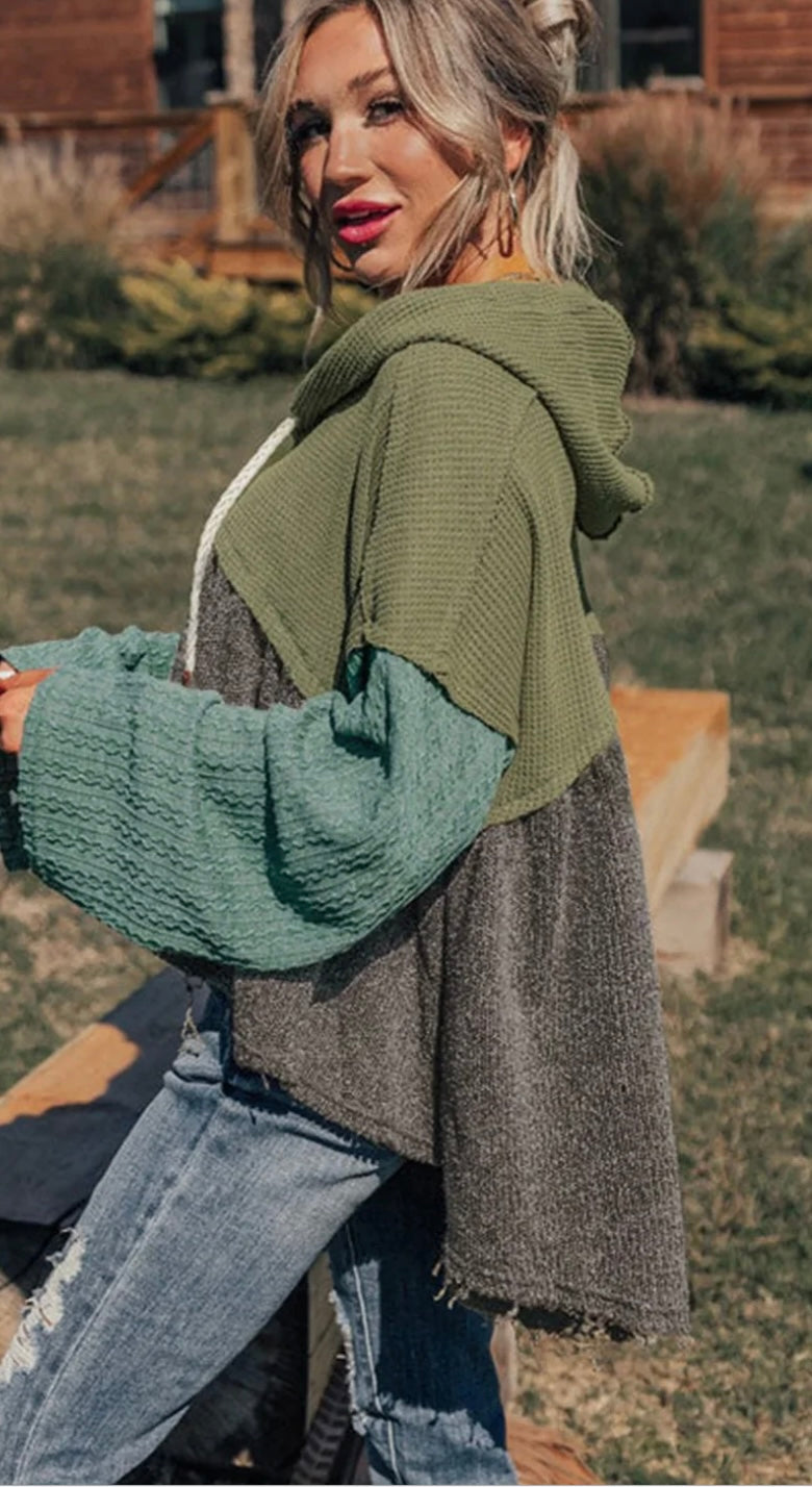 Textured Colorblock Patchwork Hoodie