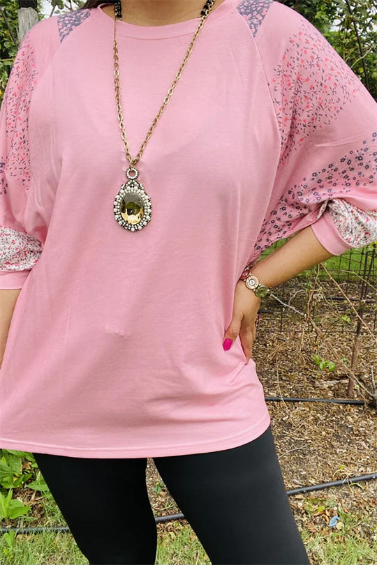 Pink & Floral Printed Raglan Batwing Top