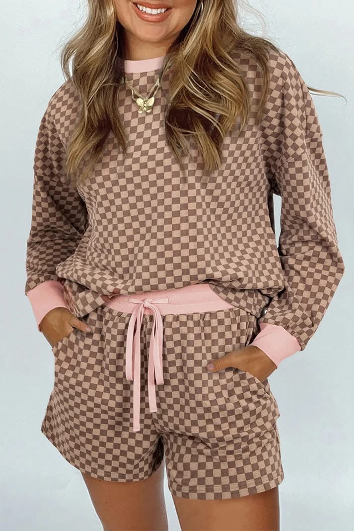 Checkerboard Long Sleeve Shorts Set