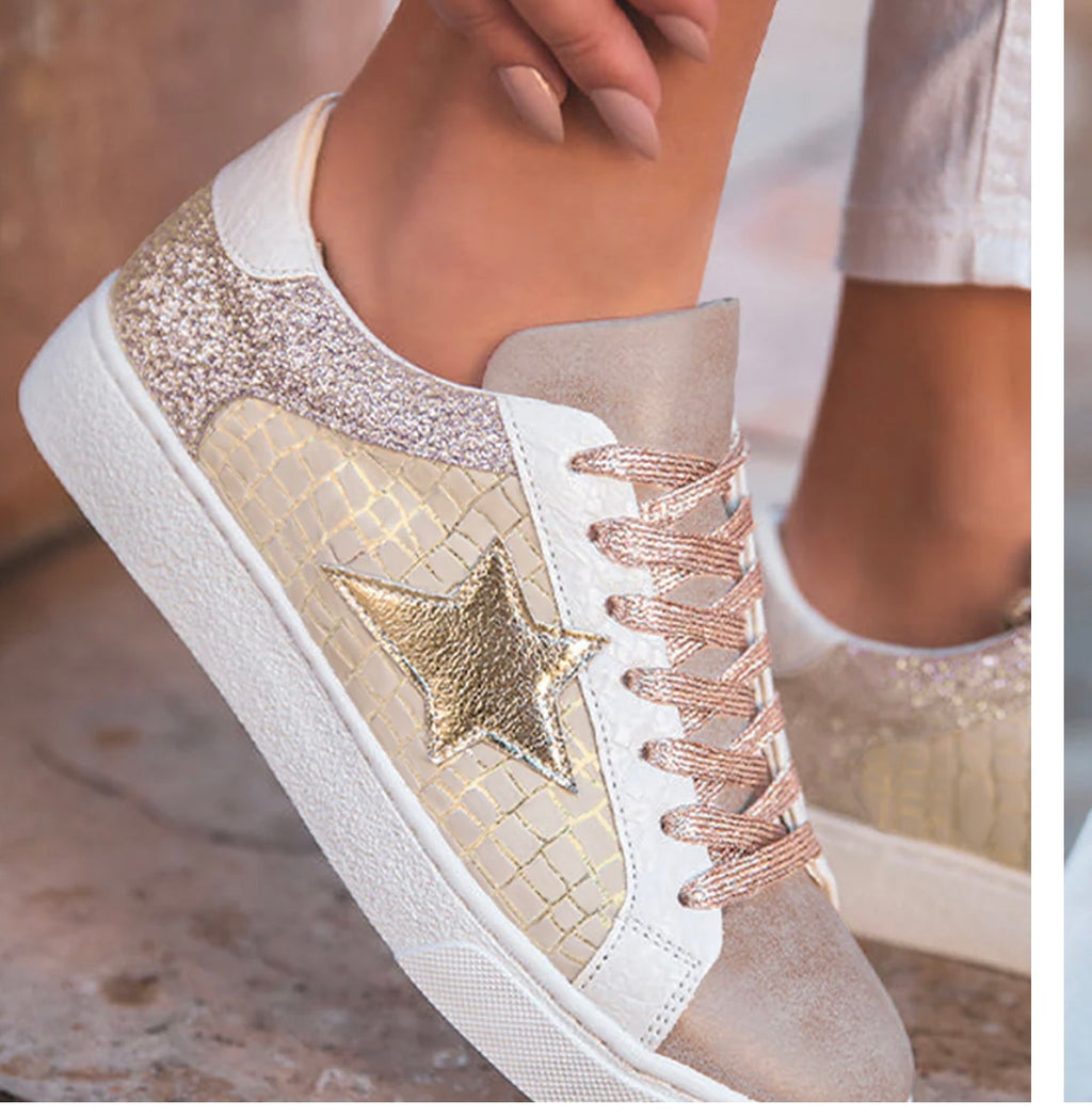 Gold Glitter Star Patchwork PU Leather Lace-up Sneakers