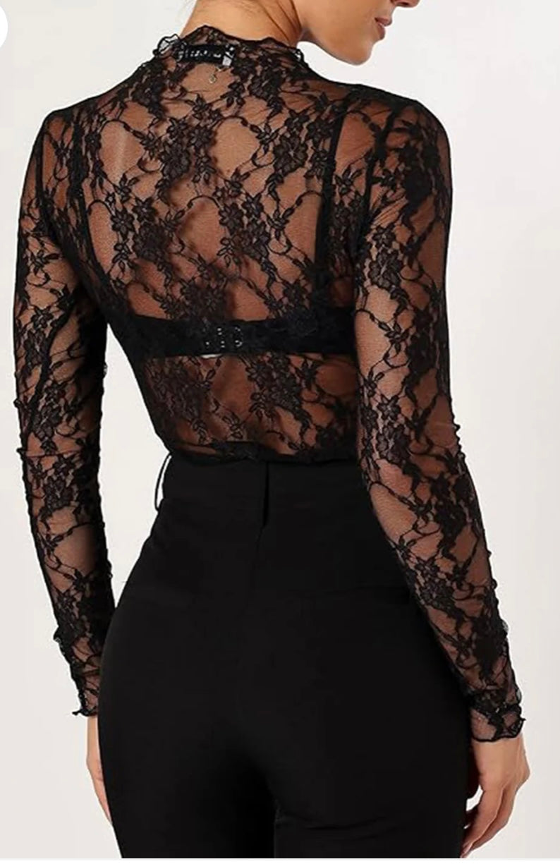 Floral Mock Neck Long Sleeve Mesh Top