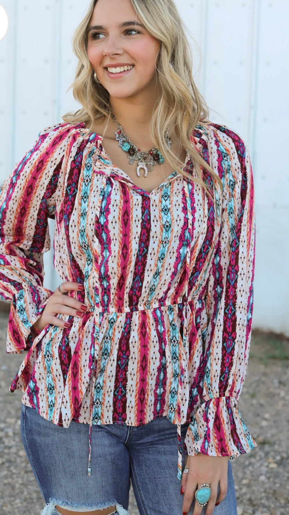 Multicolour Western Print Split Neck Peplum Blouse Amazing Willow Co