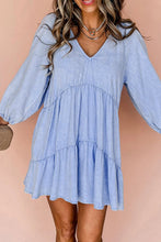 Load image into Gallery viewer, COASTAL CUES BEAU BLUE RUFFLED CHAMBRAY DRESS
