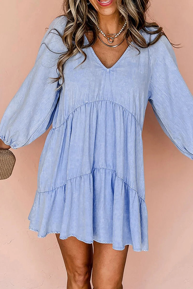 COASTAL CUES BEAU BLUE RUFFLED CHAMBRAY DRESS