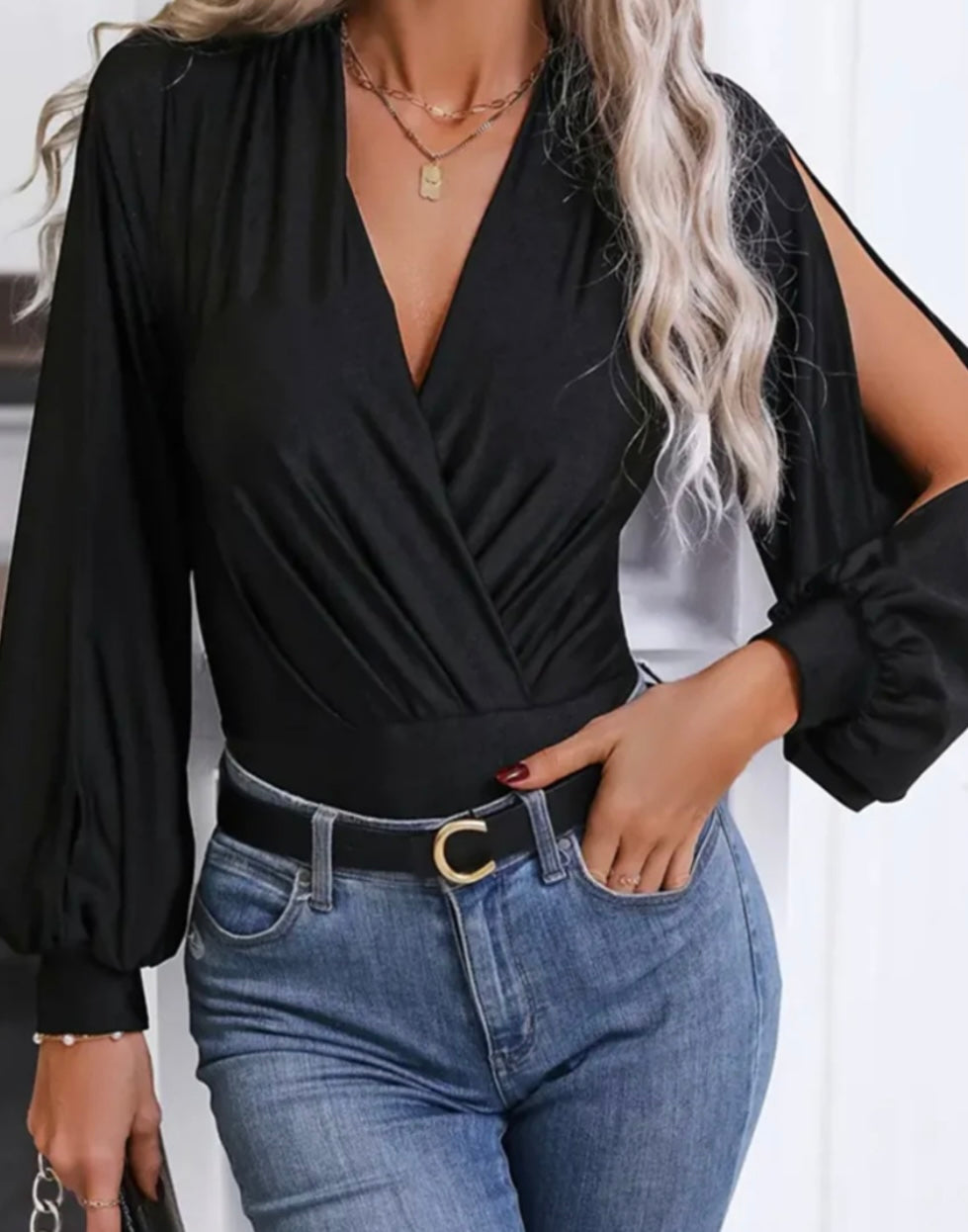 Surplice Slit Long Sleeve Bodysuit