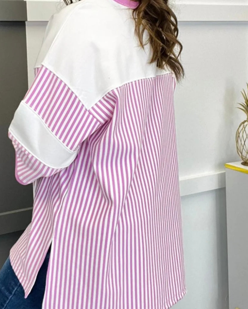 Plus Size Stripe Patchwork Sleeve Top