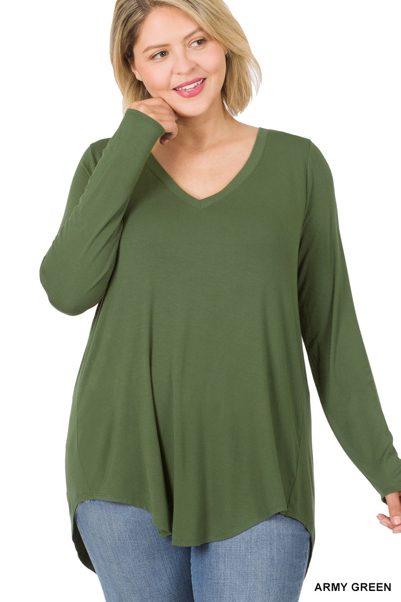LONG SLEEVE V-NECK DOLPHIN HEM TOP (ARMY GREEN)