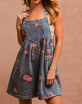 Flower Printed Wide Strap Denim Overalls