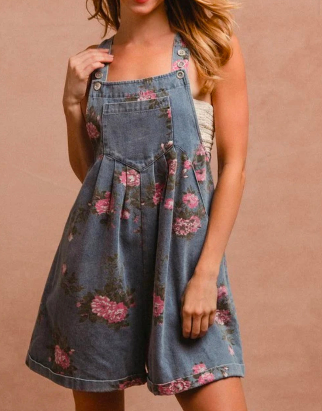 Flower Printed Wide Strap Denim Overalls