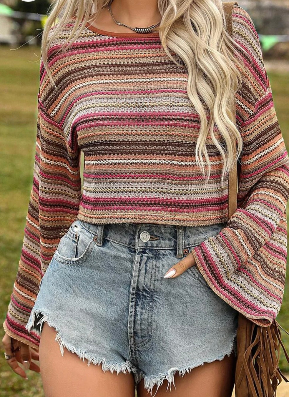 Striped Wide Sleeve Cropped Top