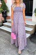 Purple Floral Bubble Sleeve Shirred High Waist Maxi Dress