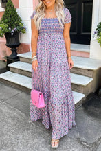 Load image into Gallery viewer, Purple Floral Bubble Sleeve Shirred High Waist Maxi Dress
