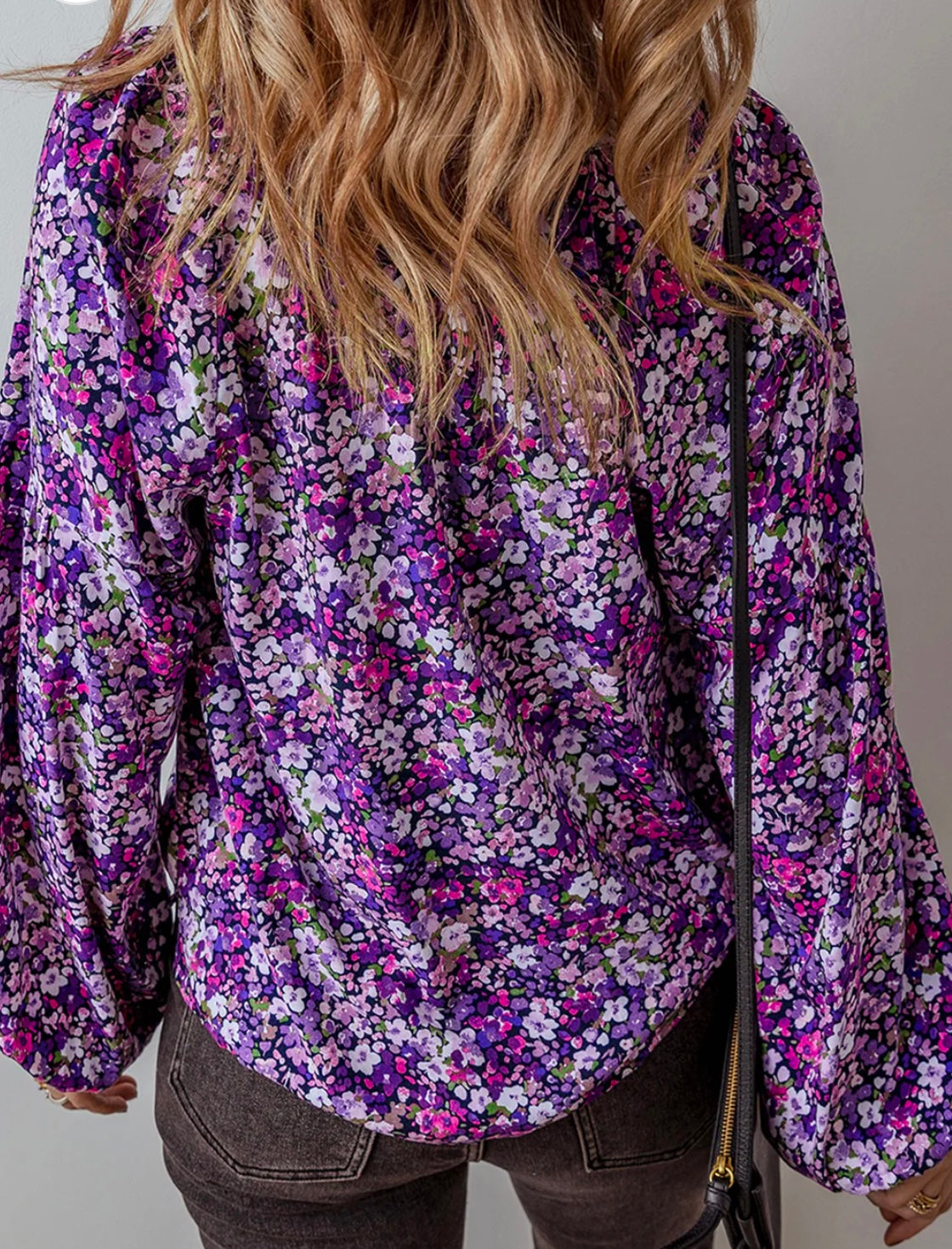 Flower Split V neck Bubble Sleeve Blouse