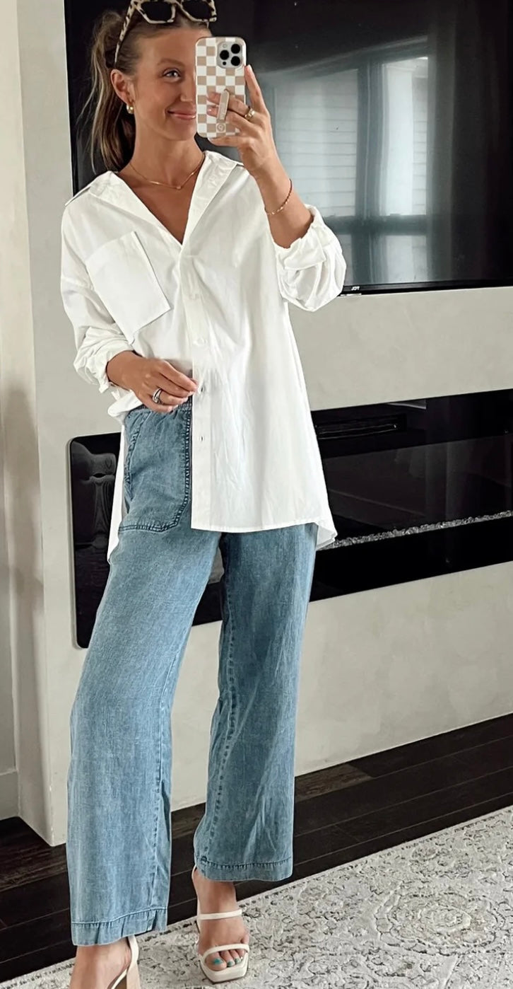 Wash Drawstring Waist Straight Denim Pants