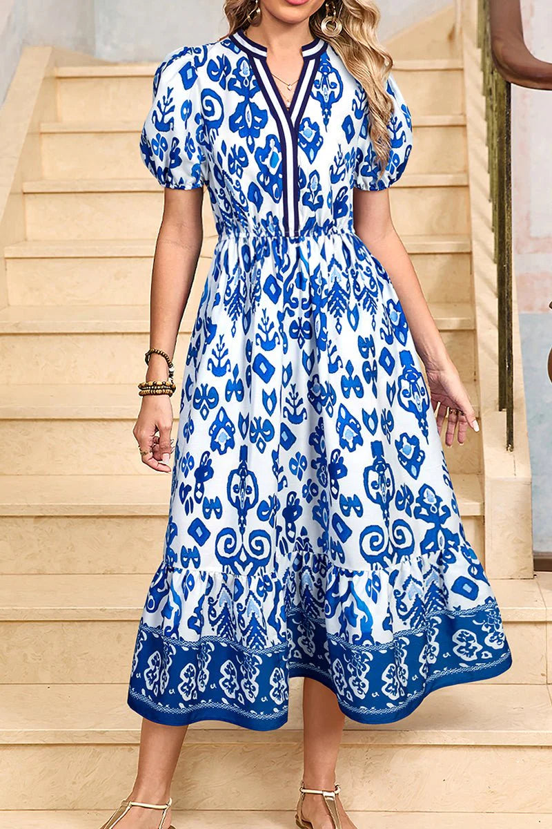GARDEN STROLL BLUE FLORAL RUFFLE MIDI DRESS **SHIPPING EXPECTED TO BEGIN ON DATE 6/14**