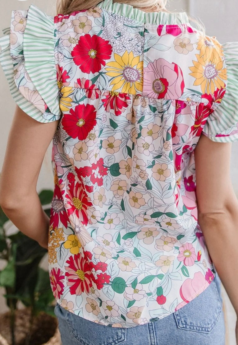 Frill Floral Print Ruffle Cap Sleeve Blouse